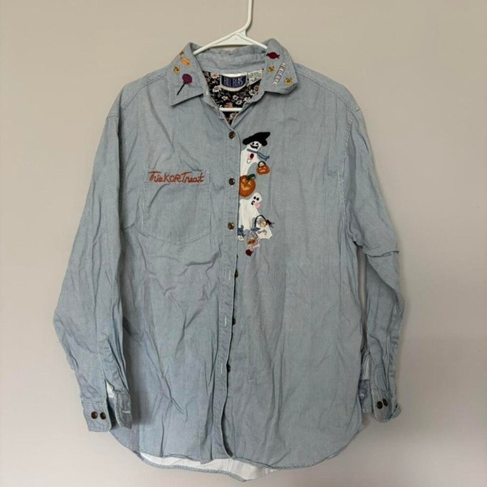 Vintage Bill Blass Halloween trick or treat embroidered ghost candy striped top